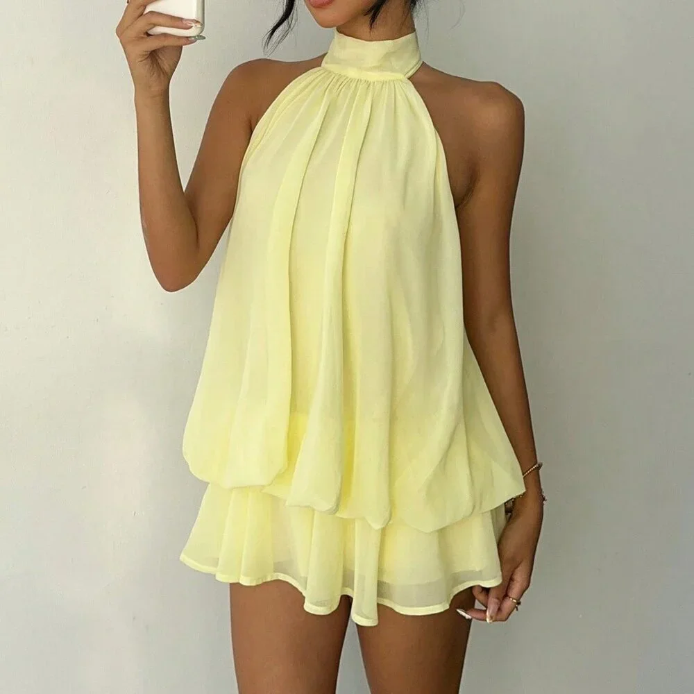 Light Yellow Elegant Women's Chiffon Mini Halter Dress - Picture 4 of 7